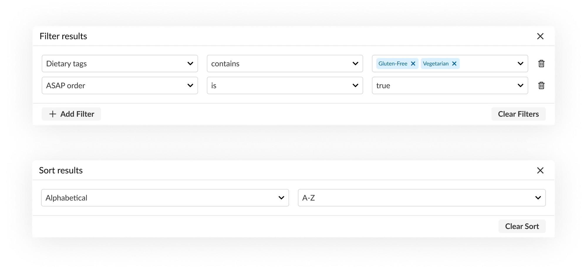 Filter results panel (dietary tags contains gluten-free and vegetarian, ASAP order is true) and a sort panel set to alphabetical A to Z.