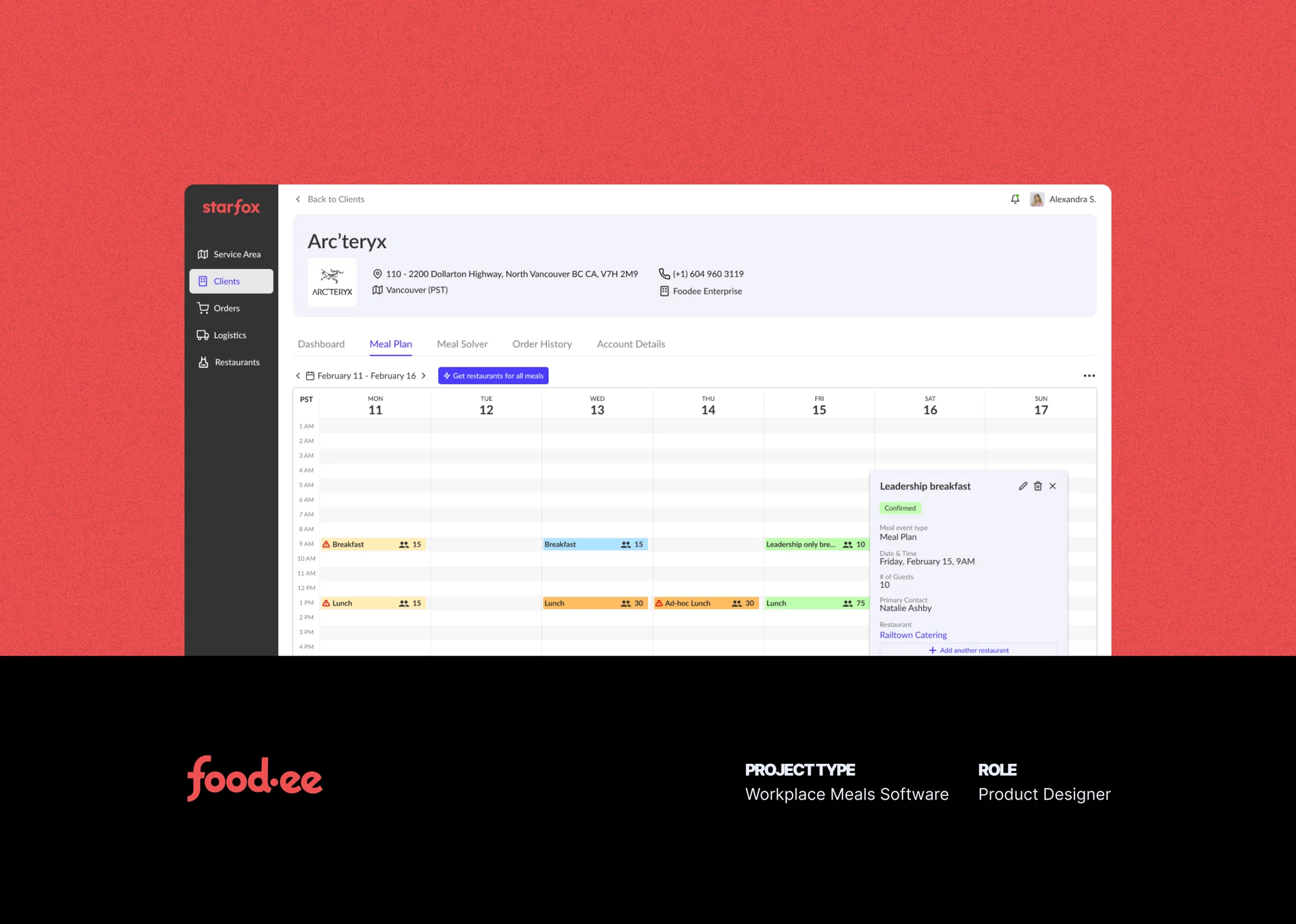 Foodee meal planner on a laptop screen. Project type: Workplace Meals Software. Role: Product Designer.