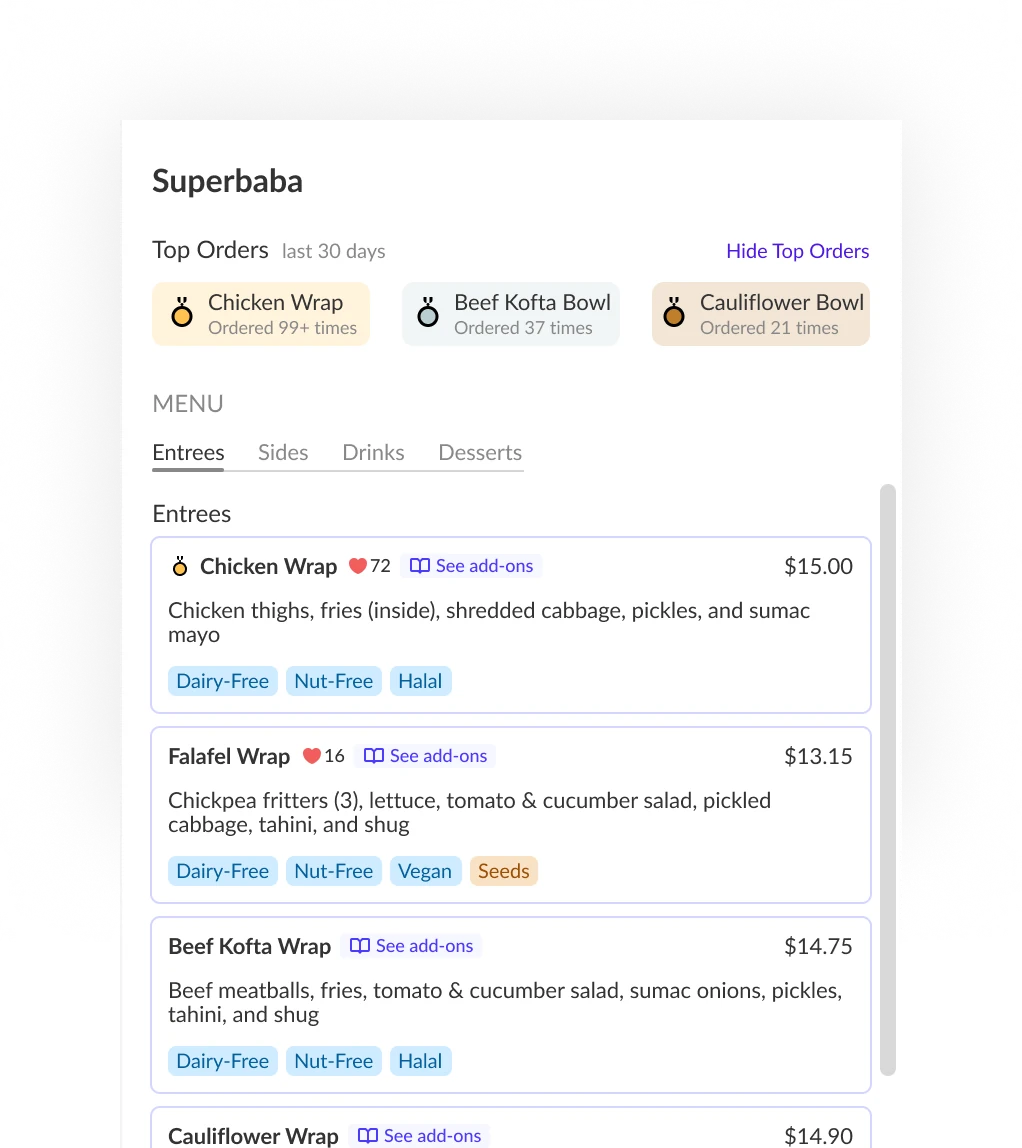 Superbaba menu preview with top orders from the last 30 days and entrees tagged dairy-free, nut-free, halal and vegan.