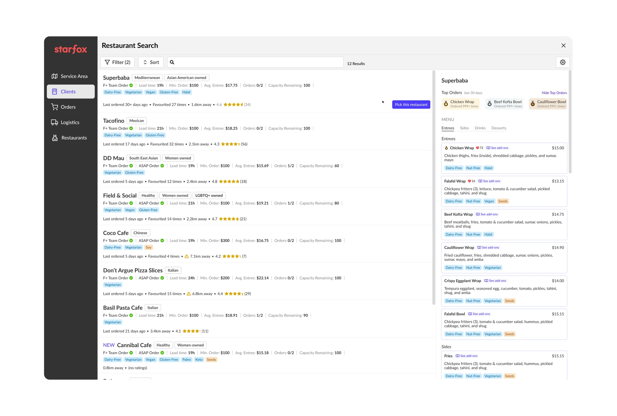Restaurant search results list with a menu preview panel for the selected restaurant.