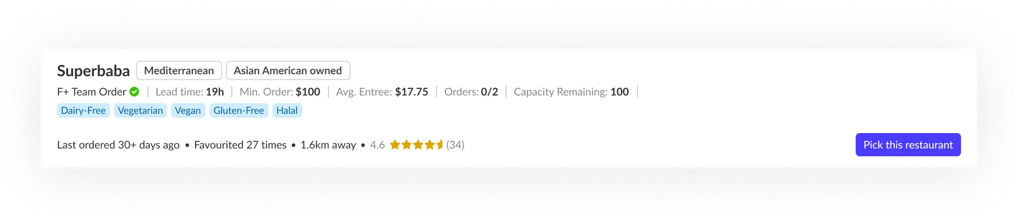 A single search result for Superbaba showing cuisine, lead time, minimum order, average entree price, dietary tags, and a Pick this restaurant button.