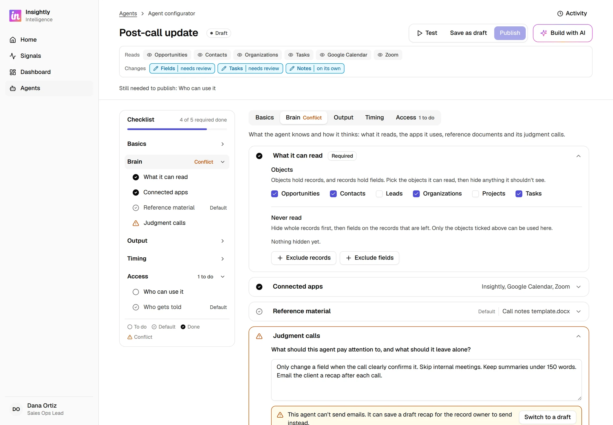 Agent configurator with a checklist on the left, tabs for each part of the agent, and a strip showing what it reads and changes.