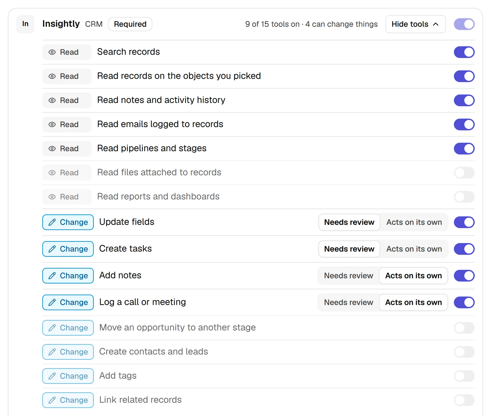 Insightly CRM tools: read tools and change tools, each with a switch, and change tools set to needs review or acts on its own.